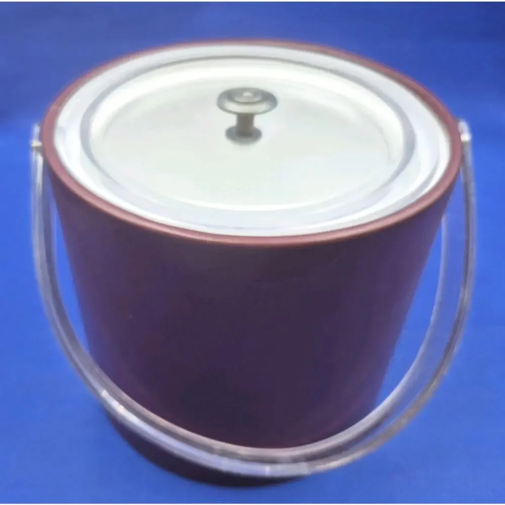 Vintage Georges Briard Brown Leatherette Ice Bucket Lucite Handle & Lid 7x8